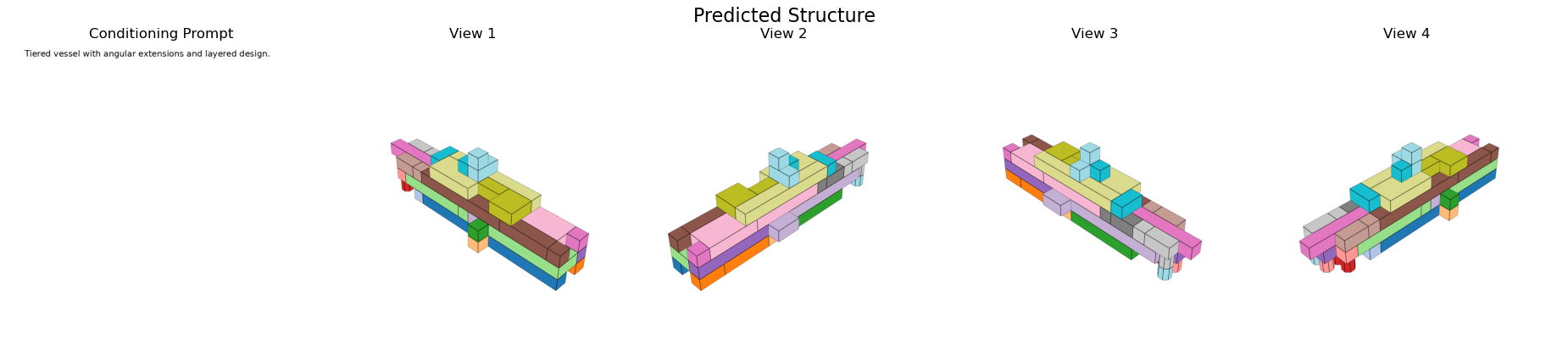 Boat text prompt and four views of the predicted structure