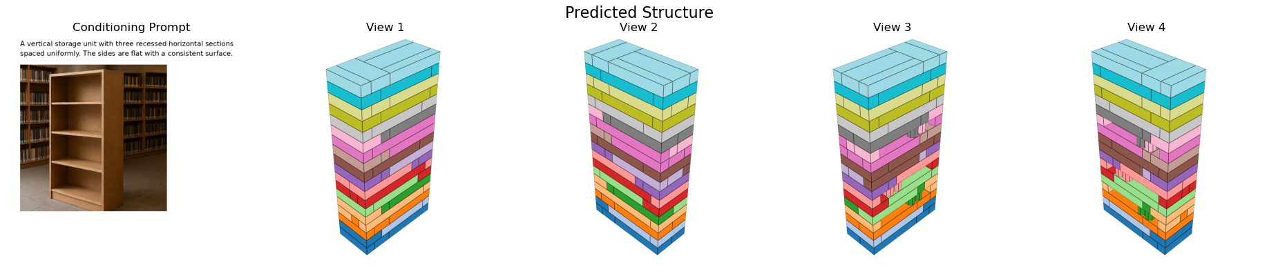 Bookshelf multimodal prompt and four views of the predicted structure