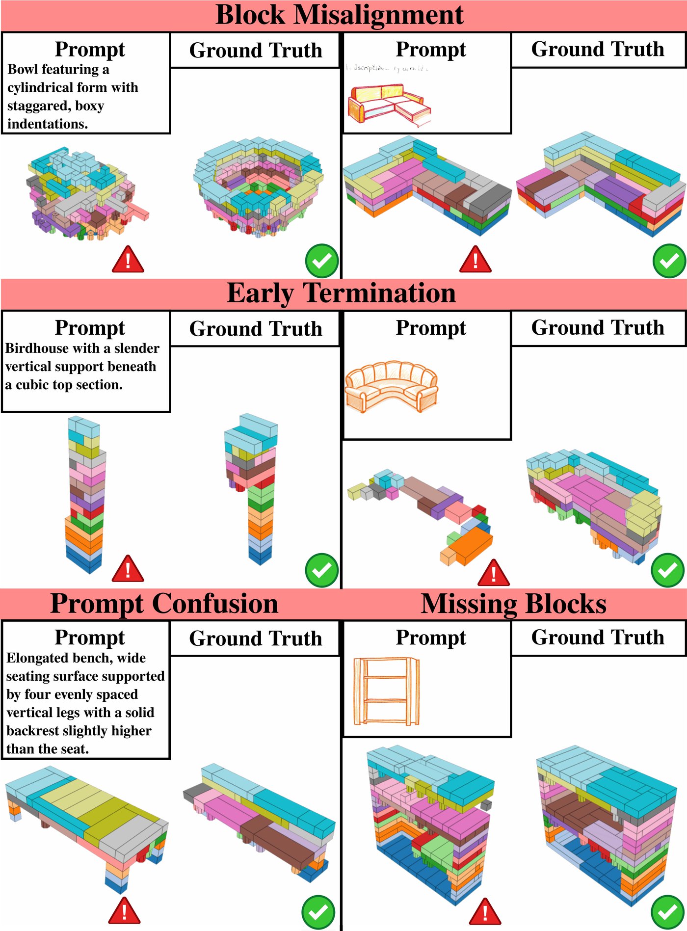 Examples of the four failure modes: positional errors leading to out-of-distribution states, prompt confusion, early termination, and block shifting